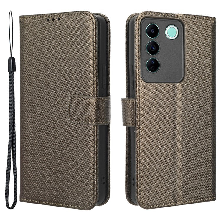 For vivo V27e 5G / S16e 5G Protective Phone Case Diamond Texture Wallet Stand Phone Leather Cover - Brown