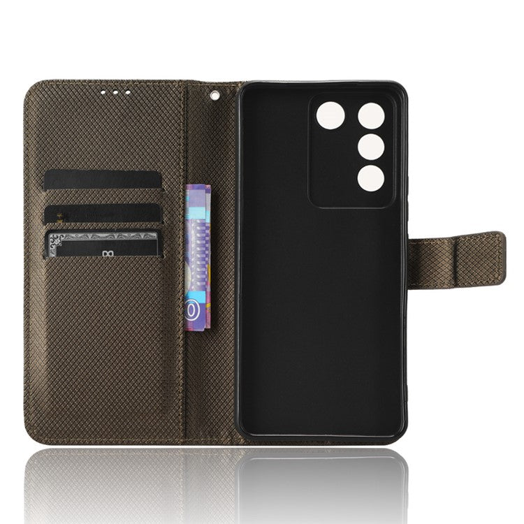 For vivo V27e 5G / S16e 5G Protective Phone Case Diamond Texture Wallet Stand Phone Leather Cover - Brown