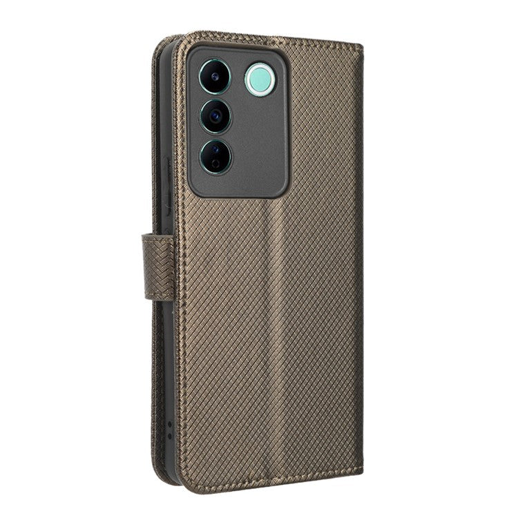 For vivo V27e 5G / S16e 5G Protective Phone Case Diamond Texture Wallet Stand Phone Leather Cover - Brown