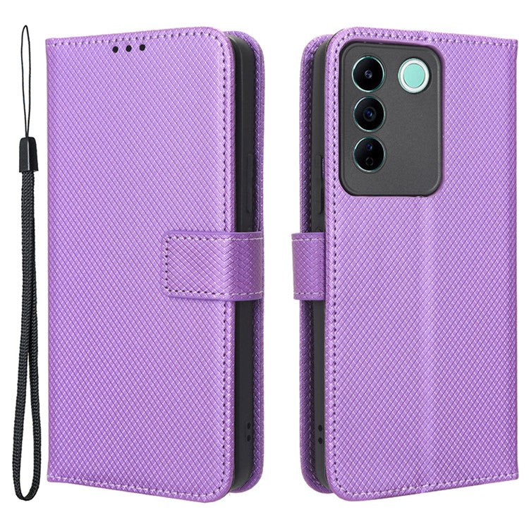 For vivo V27e 5G / S16e 5G Protective Phone Case Diamond Texture Wallet Stand Phone Leather Cover - Purple