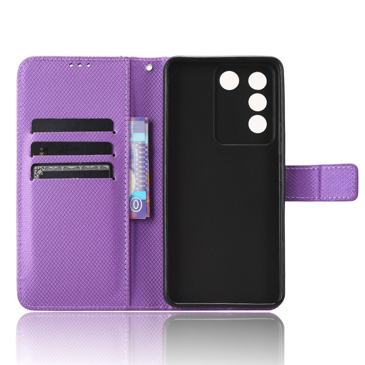 For vivo V27e 5G / S16e 5G Protective Phone Case Diamond Texture Wallet Stand Phone Leather Cover - Purple