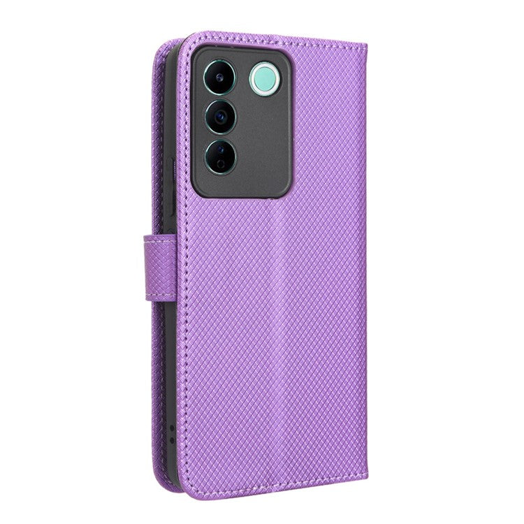 For vivo V27e 5G / S16e 5G Protective Phone Case Diamond Texture Wallet Stand Phone Leather Cover - Purple