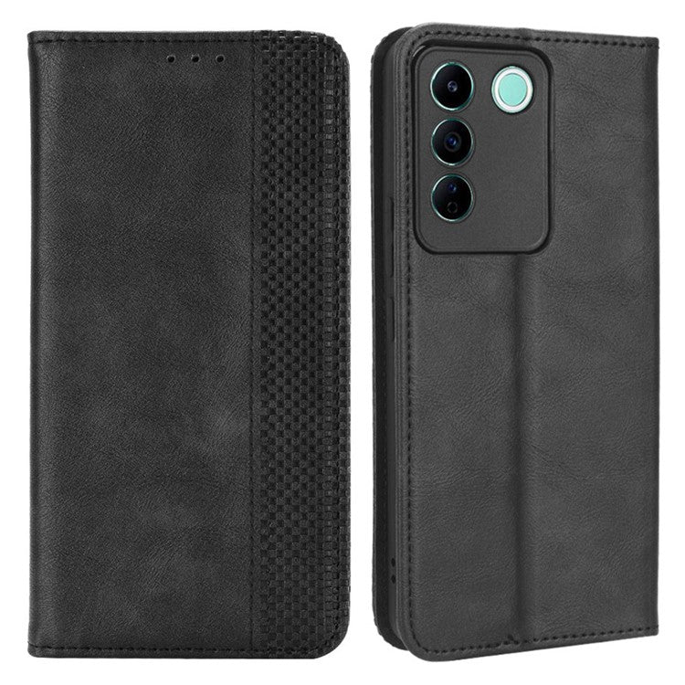 For vivo V27e 5G / S16e 5G Retro Phone Case PU Leather Stand Wallet Magnetic Flip Phone Cover - Black