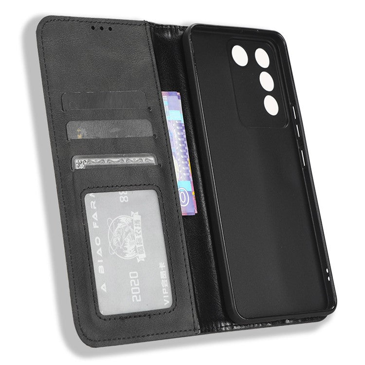 For vivo V27e 5G / S16e 5G Retro Phone Case PU Leather Stand Wallet Magnetic Flip Phone Cover - Black