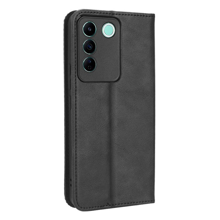 For vivo V27e 5G / S16e 5G Retro Phone Case PU Leather Stand Wallet Magnetic Flip Phone Cover - Black