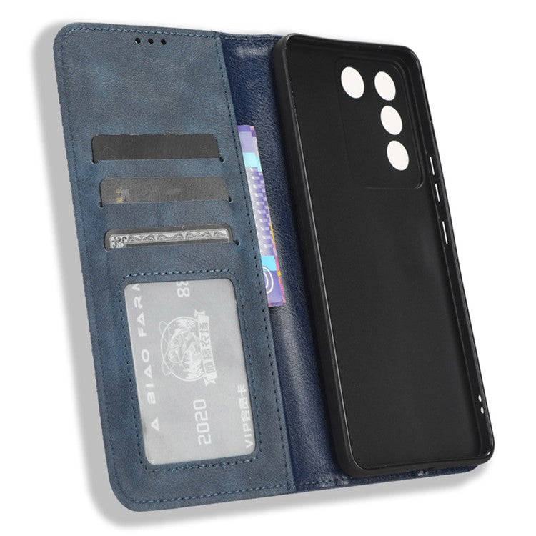 For vivo V27e 5G / S16e 5G Retro Phone Case PU Leather Stand Wallet Magnetic Flip Phone Cover - Blue