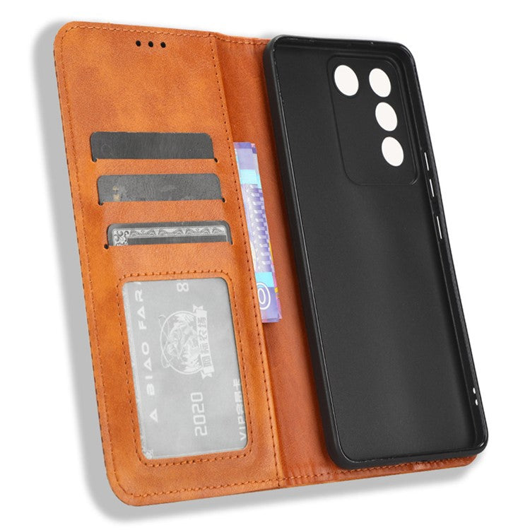 For vivo V27e 5G / S16e 5G Retro Phone Case PU Leather Stand Wallet Magnetic Flip Phone Cover - Brown