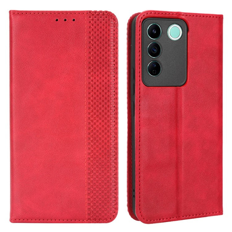 For vivo V27e 5G / S16e 5G Retro Phone Case PU Leather Stand Wallet Magnetic Flip Phone Cover - Red