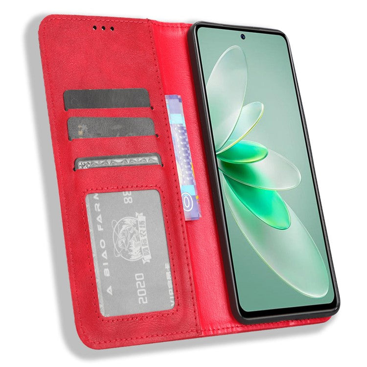 For vivo V27e 5G / S16e 5G Retro Phone Case PU Leather Stand Wallet Magnetic Flip Phone Cover - Red