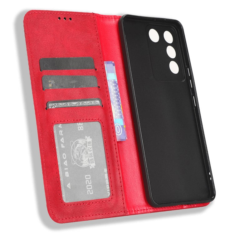 For vivo V27e 5G / S16e 5G Retro Phone Case PU Leather Stand Wallet Magnetic Flip Phone Cover - Red