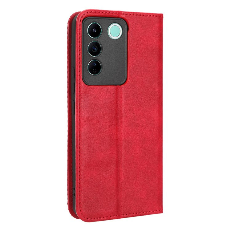 For vivo V27e 5G / S16e 5G Retro Phone Case PU Leather Stand Wallet Magnetic Flip Phone Cover - Red