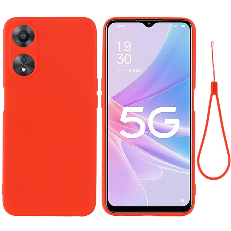 Phone Cover for Oppo A58 5G / A58x 5G / A78 5G , Liquid Silicone Anti-Dust Soft Lining Protective Case with Strap - Red