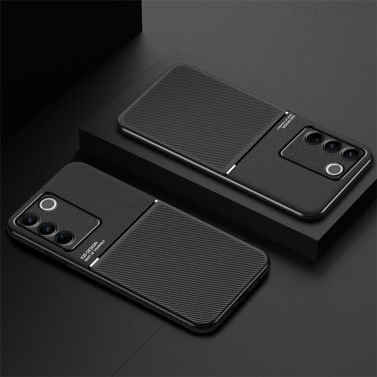 Slim Phone Case for vivo S16 / S16 Pro Shockproof Cover Lines Imprinted PU Leather TPU Case - Black