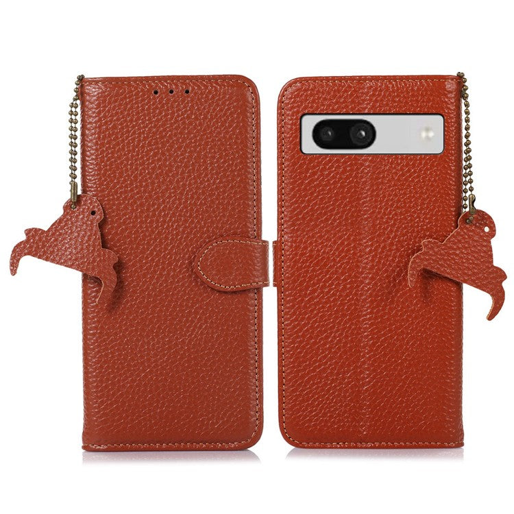 For Google Pixel 6a RFID Blocking Genuine Cow Leather Cover Litchi Texture Stand Wallet Phone Case - Brown