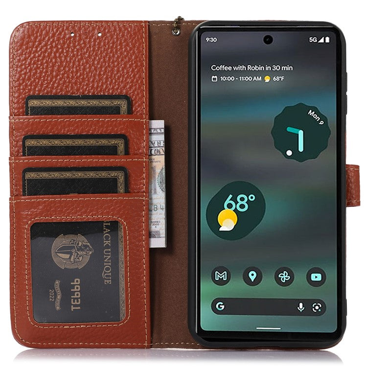 For Google Pixel 6a RFID Blocking Genuine Cow Leather Cover Litchi Texture Stand Wallet Phone Case - Brown