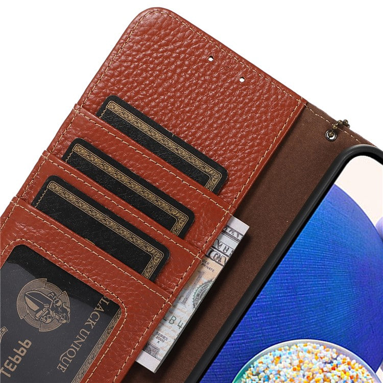 For Google Pixel 6a RFID Blocking Genuine Cow Leather Cover Litchi Texture Stand Wallet Phone Case - Brown