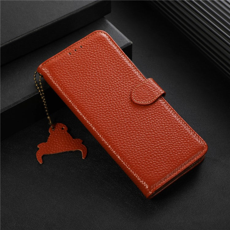 For Google Pixel 6a RFID Blocking Genuine Cow Leather Cover Litchi Texture Stand Wallet Phone Case - Brown