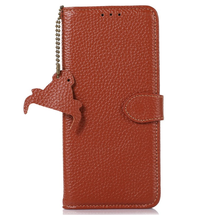 For Google Pixel 6a RFID Blocking Genuine Cow Leather Cover Litchi Texture Stand Wallet Phone Case - Brown