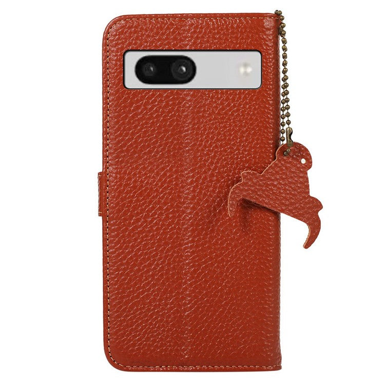 For Google Pixel 6a RFID Blocking Genuine Cow Leather Cover Litchi Texture Stand Wallet Phone Case - Brown