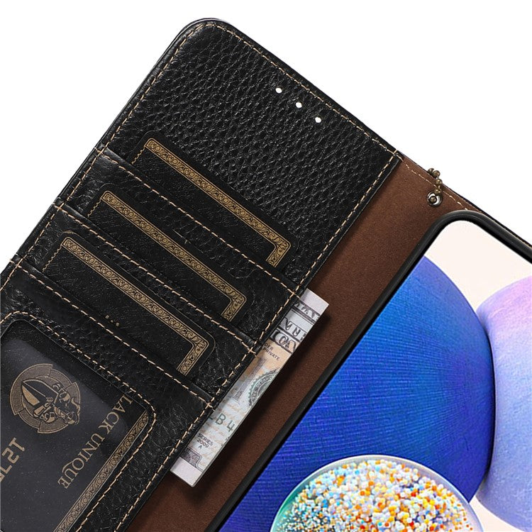 For Google Pixel 6a RFID Blocking Genuine Cow Leather Cover Litchi Texture Stand Wallet Phone Case - Black