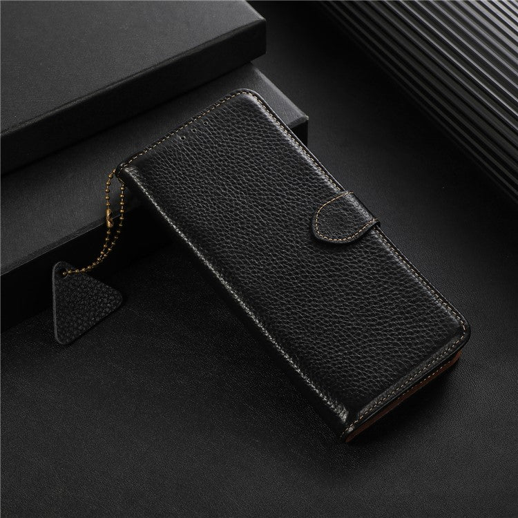 For Google Pixel 6a RFID Blocking Genuine Cow Leather Cover Litchi Texture Stand Wallet Phone Case - Black