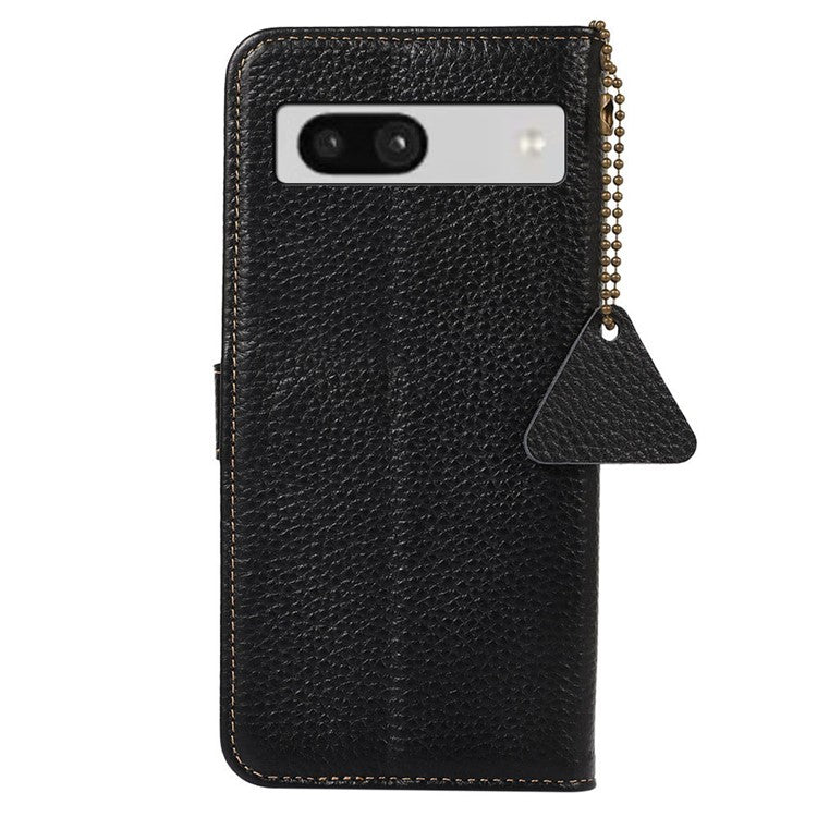 For Google Pixel 6a RFID Blocking Genuine Cow Leather Cover Litchi Texture Stand Wallet Phone Case - Black