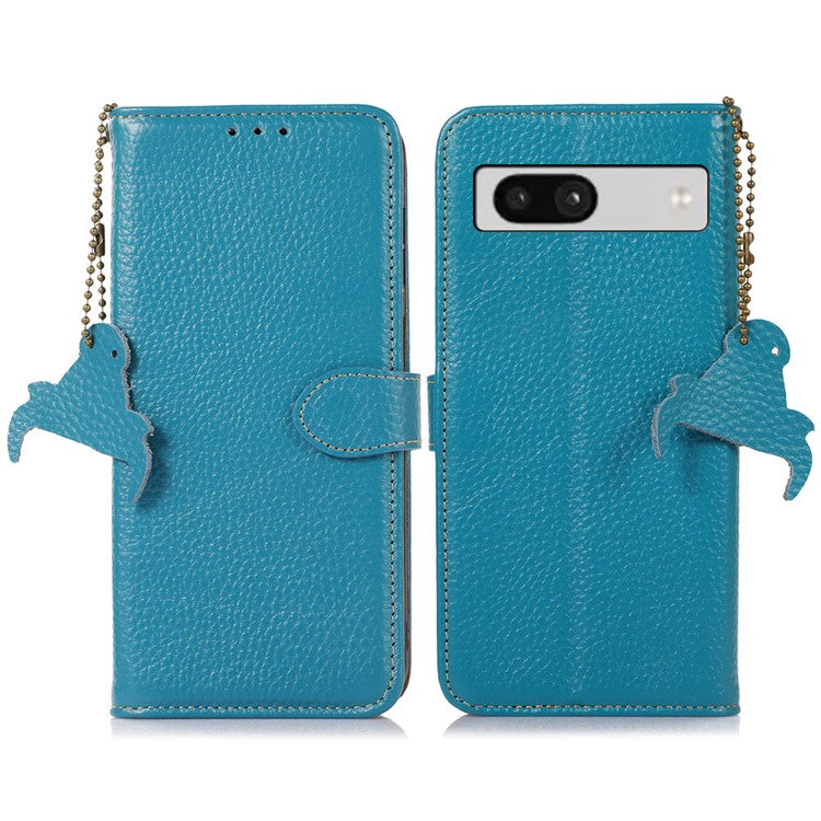 For Google Pixel 6a RFID Blocking Genuine Cow Leather Cover Litchi Texture Stand Wallet Phone Case - Blue