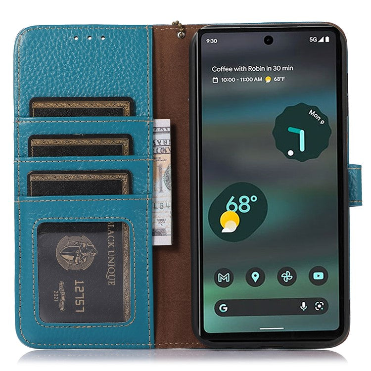 For Google Pixel 6a RFID Blocking Genuine Cow Leather Cover Litchi Texture Stand Wallet Phone Case - Blue