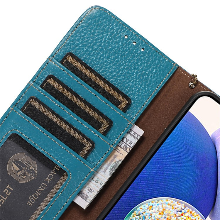 For Google Pixel 6a RFID Blocking Genuine Cow Leather Cover Litchi Texture Stand Wallet Phone Case - Blue