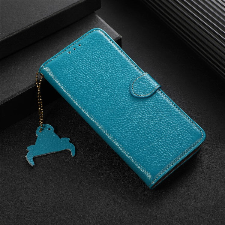 For Google Pixel 6a RFID Blocking Genuine Cow Leather Cover Litchi Texture Stand Wallet Phone Case - Blue