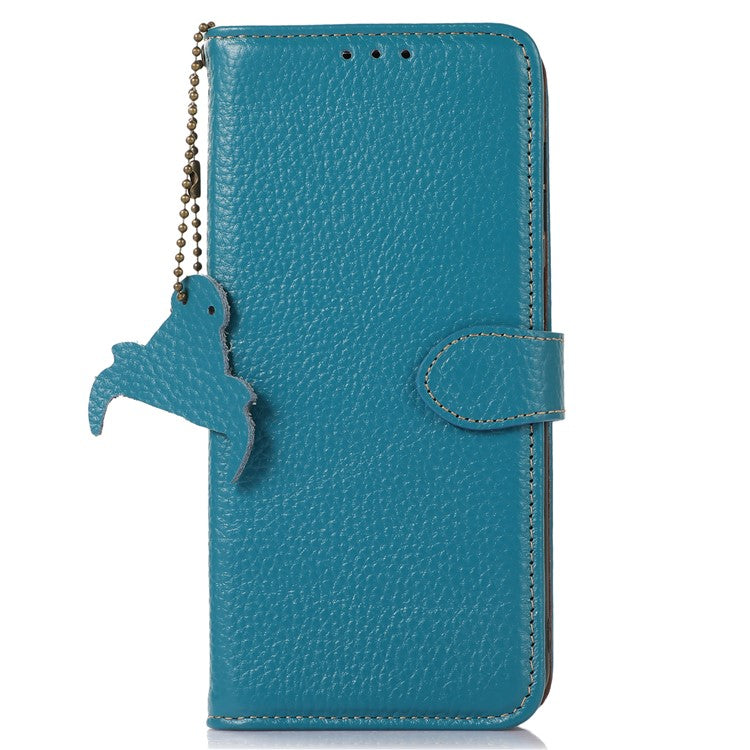 For Google Pixel 6a RFID Blocking Genuine Cow Leather Cover Litchi Texture Stand Wallet Phone Case - Blue