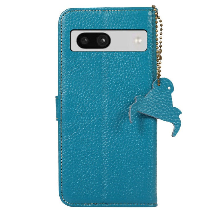 For Google Pixel 6a RFID Blocking Genuine Cow Leather Cover Litchi Texture Stand Wallet Phone Case - Blue