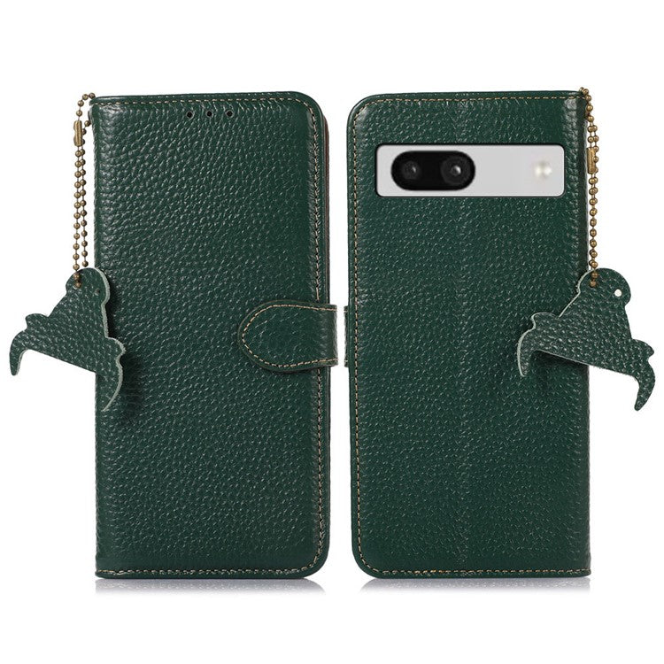 For Google Pixel 6a RFID Blocking Genuine Cow Leather Cover Litchi Texture Stand Wallet Phone Case - Green