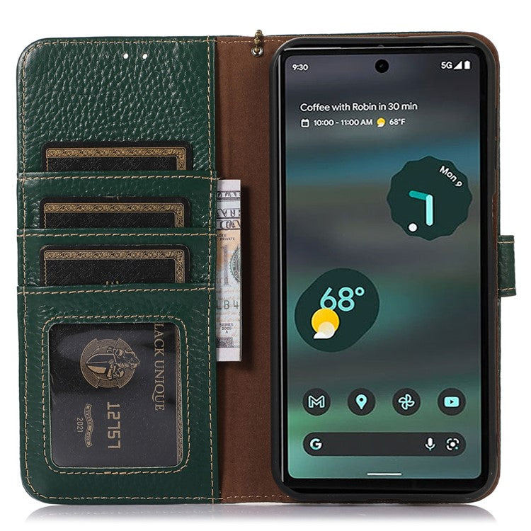 For Google Pixel 6a RFID Blocking Genuine Cow Leather Cover Litchi Texture Stand Wallet Phone Case - Green