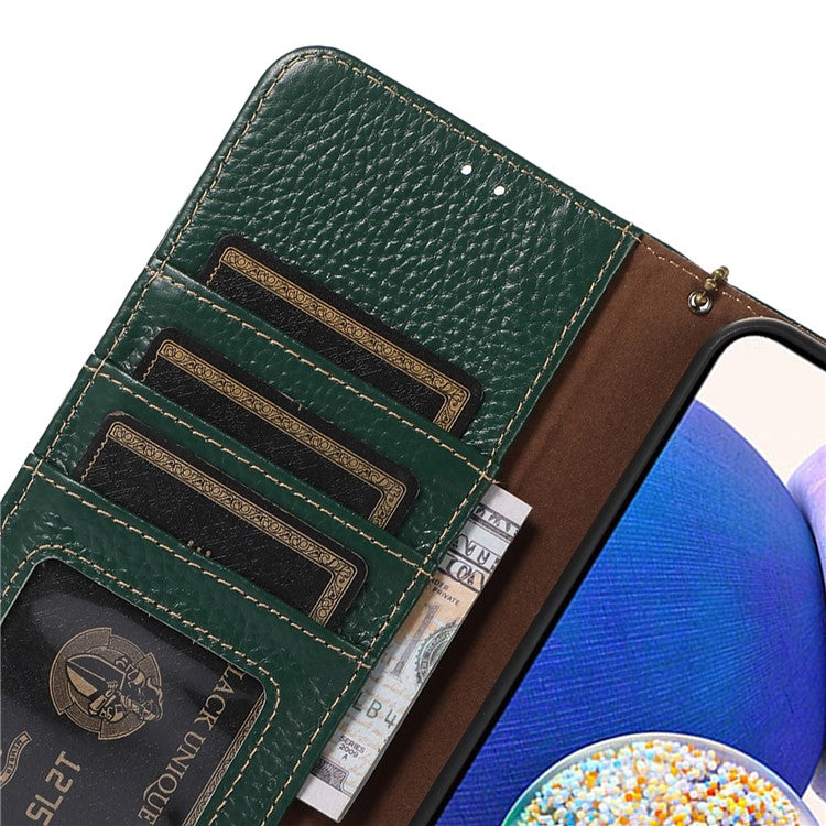 For Google Pixel 6a RFID Blocking Genuine Cow Leather Cover Litchi Texture Stand Wallet Phone Case - Green