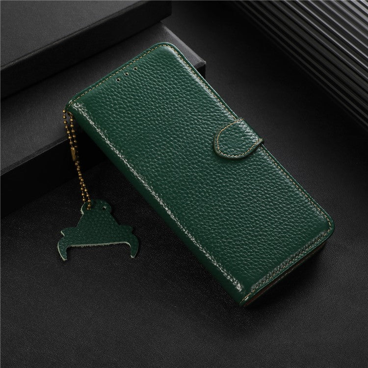 For Google Pixel 6a RFID Blocking Genuine Cow Leather Cover Litchi Texture Stand Wallet Phone Case - Green