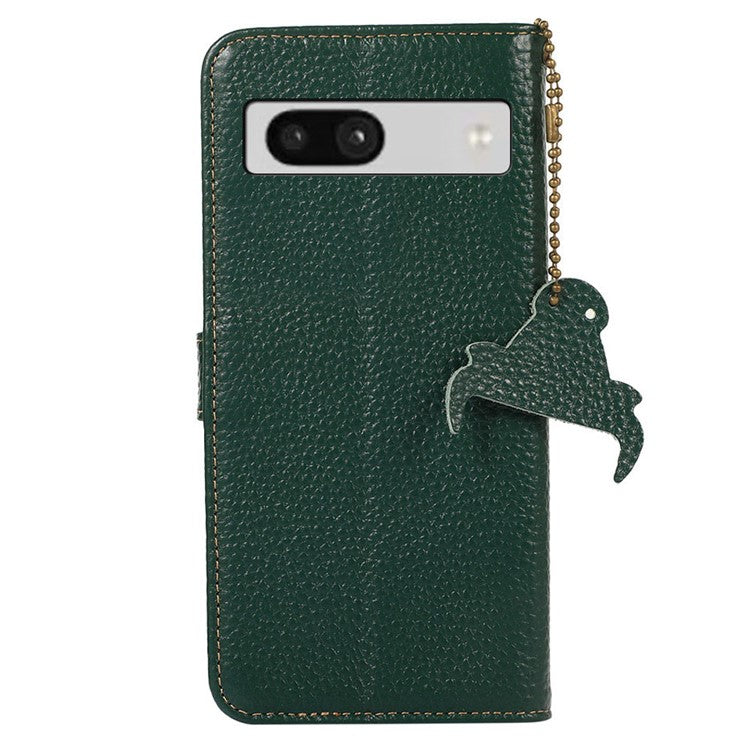 For Google Pixel 6a RFID Blocking Genuine Cow Leather Cover Litchi Texture Stand Wallet Phone Case - Green