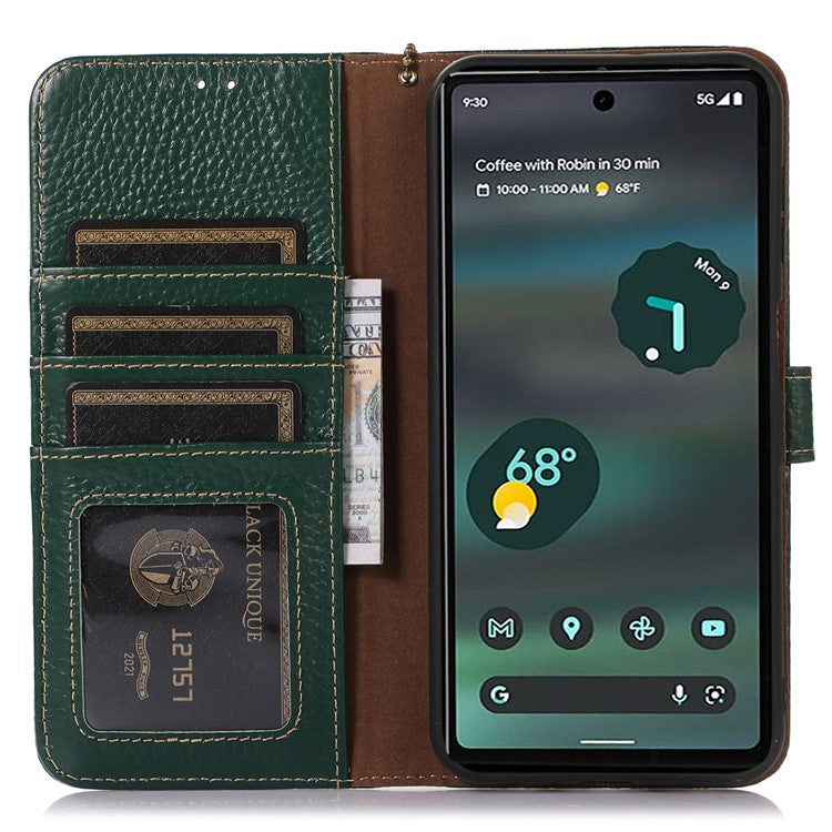 For Google Pixel 7a Genuine Cow Leather Litchi Texture RFID Blocking Wallet Stand Case - Green