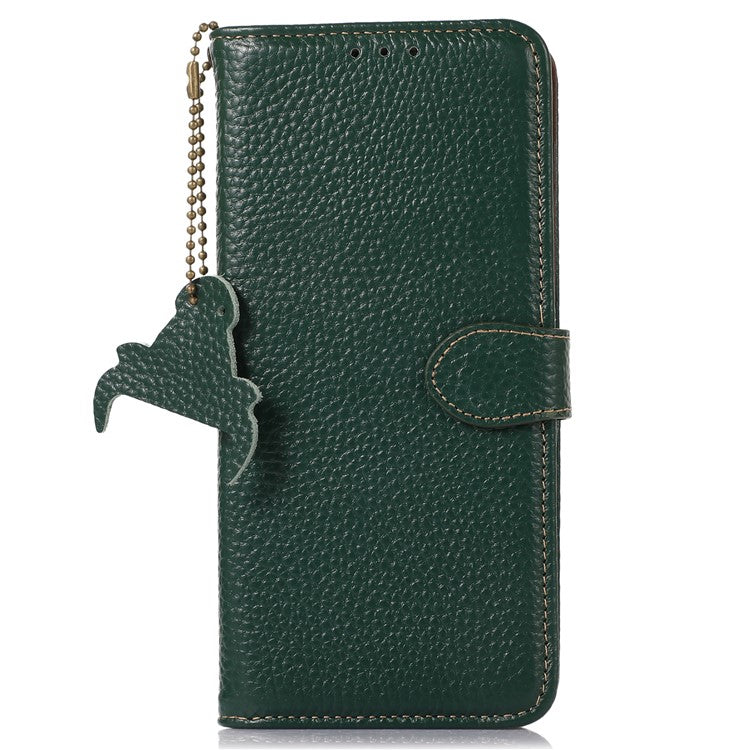 For Google Pixel 7a Genuine Cow Leather Litchi Texture RFID Blocking Wallet Stand Case - Green