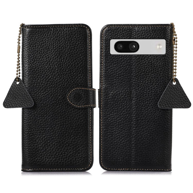 For Google Pixel 7a Genuine Cow Leather Litchi Texture RFID Blocking Wallet Stand Case - Black