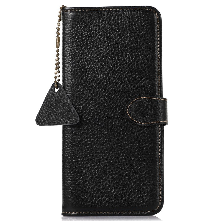 For Google Pixel 7a Genuine Cow Leather Litchi Texture RFID Blocking Wallet Stand Case - Black