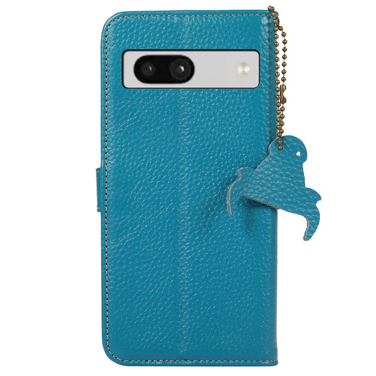 For Google Pixel 7a Genuine Cow Leather Litchi Texture RFID Blocking Wallet Stand Case - Blue