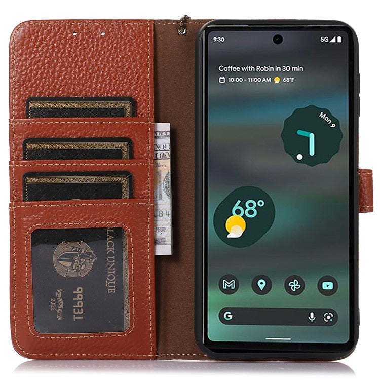 For Google Pixel 7a Genuine Cow Leather Litchi Texture RFID Blocking Wallet Stand Case - Brown