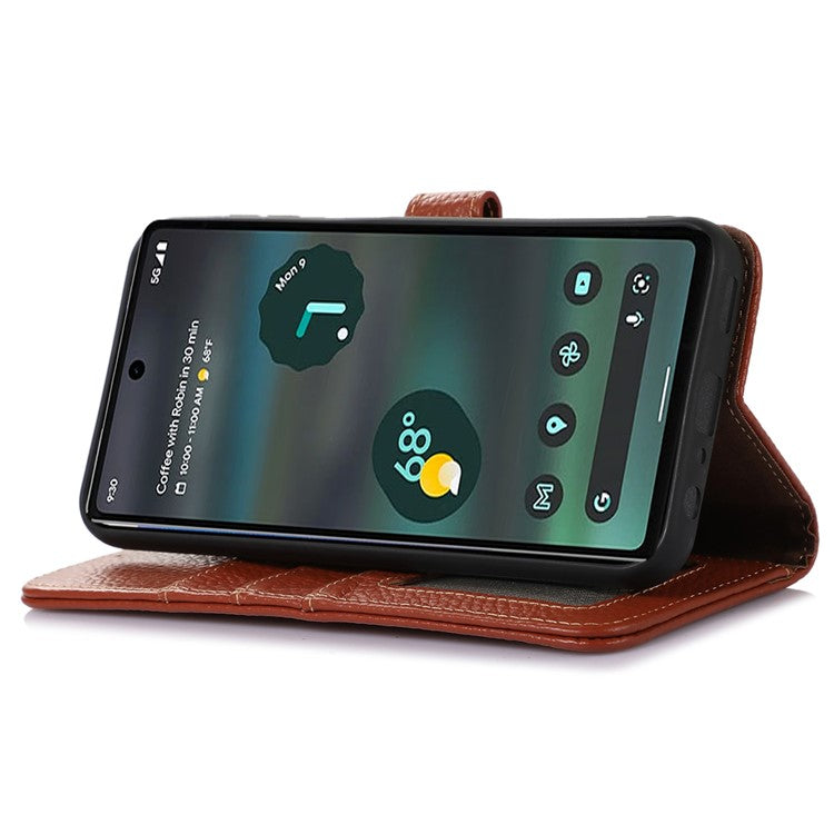 For Google Pixel 7a Genuine Cow Leather Litchi Texture RFID Blocking Wallet Stand Case - Brown