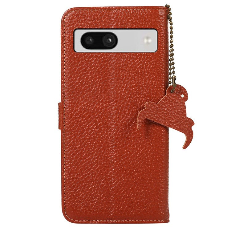 For Google Pixel 7a Genuine Cow Leather Litchi Texture RFID Blocking Wallet Stand Case - Brown