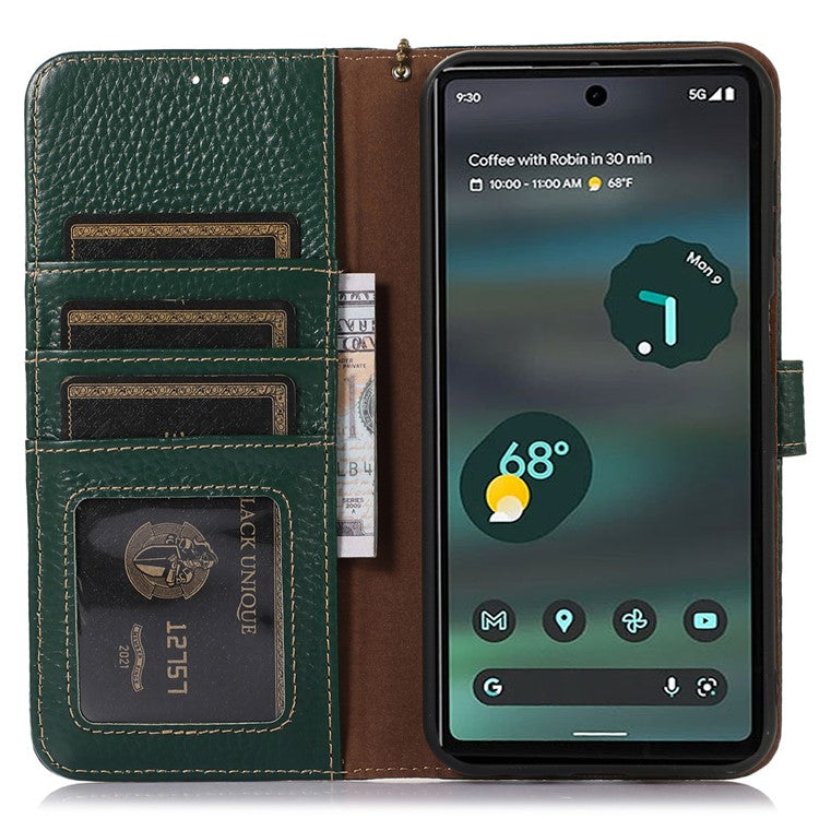 For Google Pixel 7 5G RFID Blocking Stand Phone Cover Genuine Cow Leather Litchi Texture Wallet Case - Green