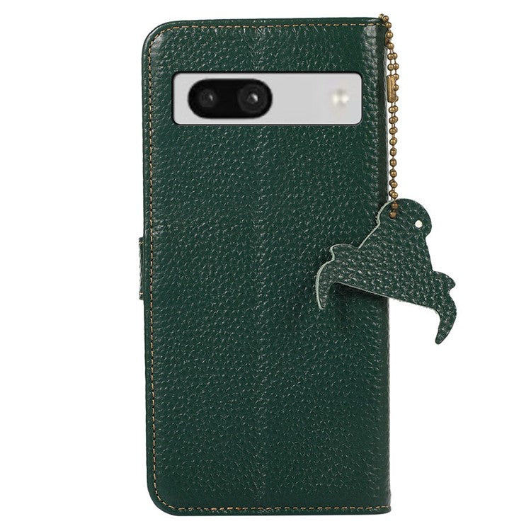 For Google Pixel 7 5G RFID Blocking Stand Phone Cover Genuine Cow Leather Litchi Texture Wallet Case - Green