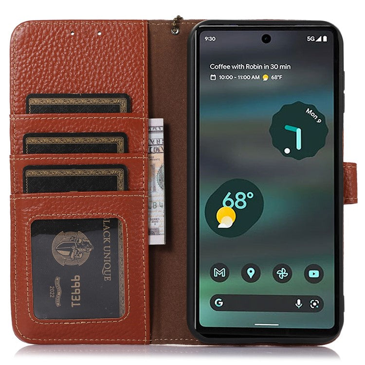 For Google Pixel 7 5G RFID Blocking Stand Phone Cover Genuine Cow Leather Litchi Texture Wallet Case - Brown