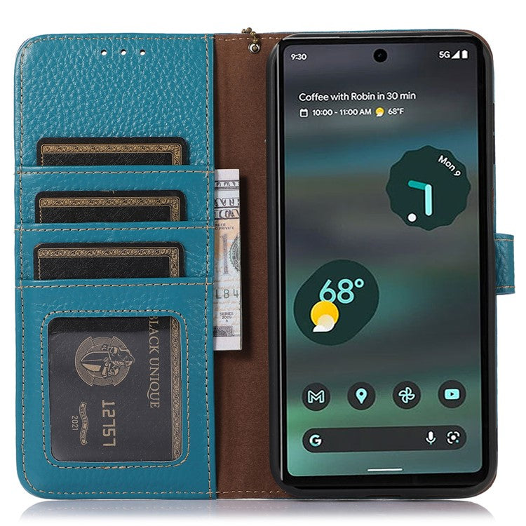 For Google Pixel 7 5G RFID Blocking Stand Phone Cover Genuine Cow Leather Litchi Texture Wallet Case - Blue