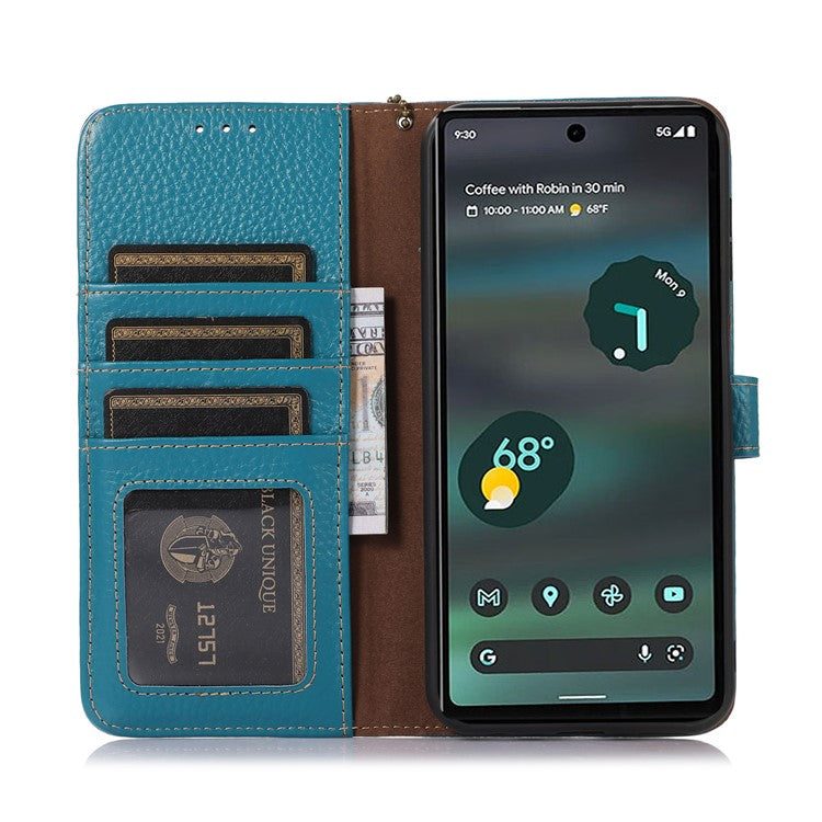 Litchi Texture Phone Cover For Google Pixel 7 Pro 5G Genuine Cow Leather RFID Blocking Stand Wallet Case - Blue